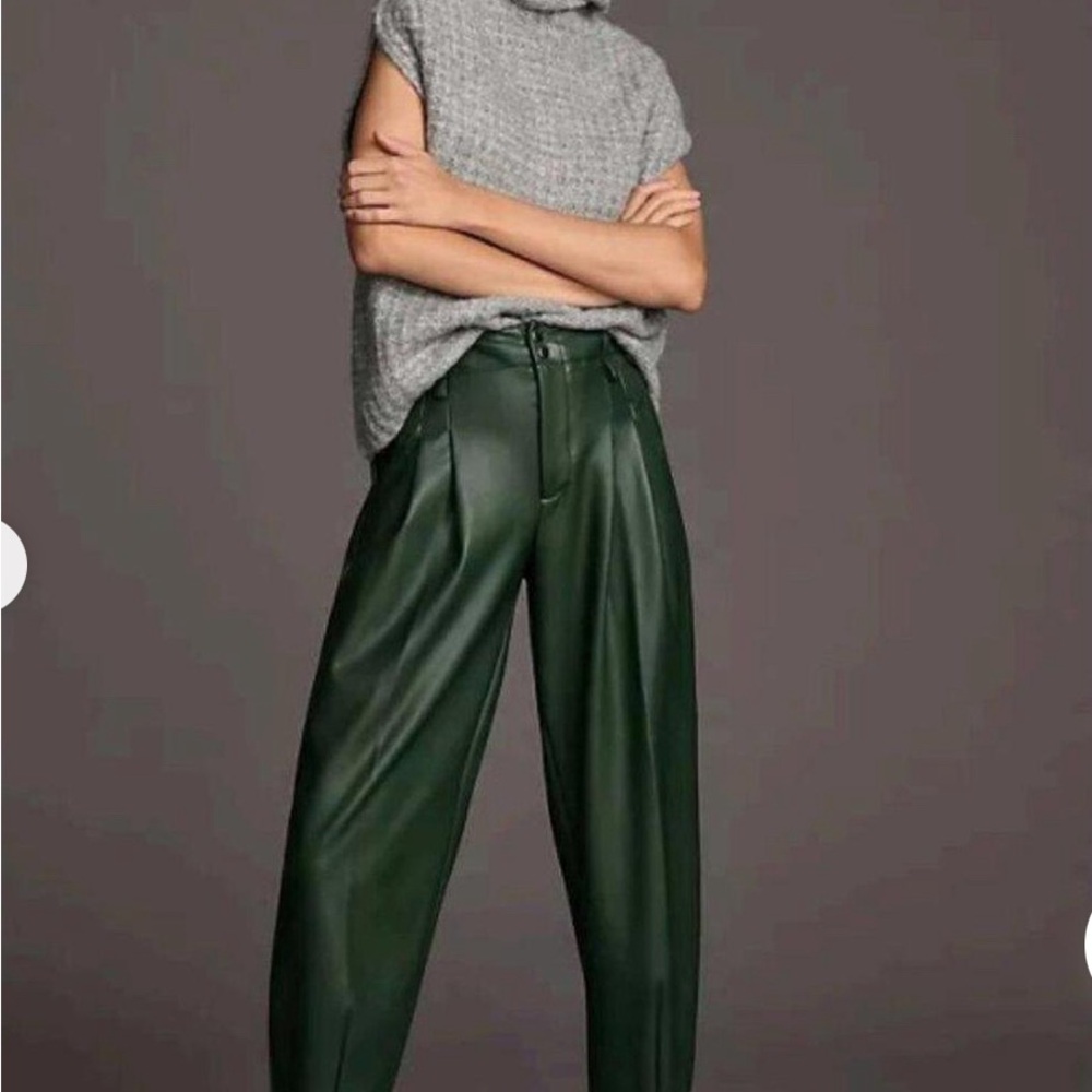 Anthropologie Maeve Faux Leather Tapered Pleated Pants in dark green